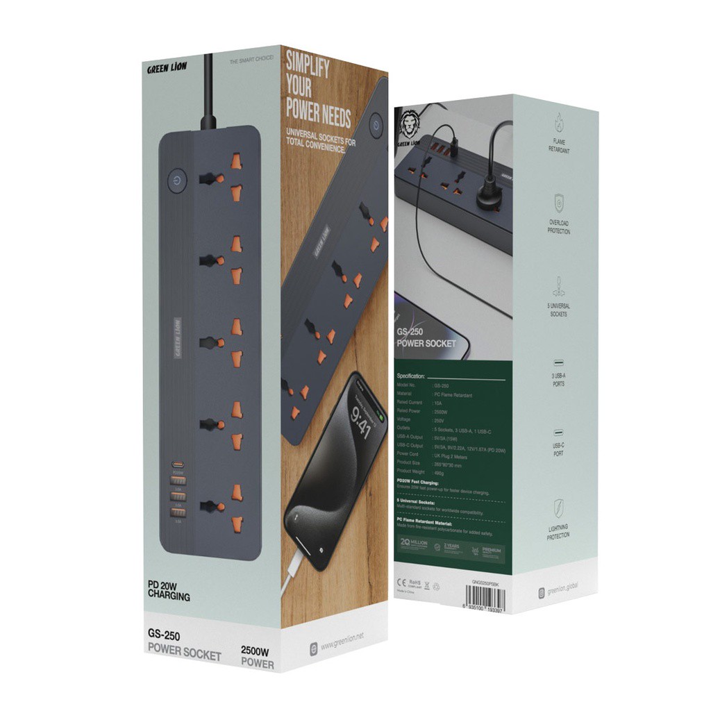 چند راهی هوشمند و شارژر Green Lion مدل GS-250 Power Socket 2500W