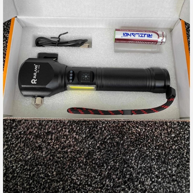 چراغ قوه پلیسی چکشدار RL-233 برد 500 متر باتری 8800mAh مگنت و شیشه شکن اضطراری