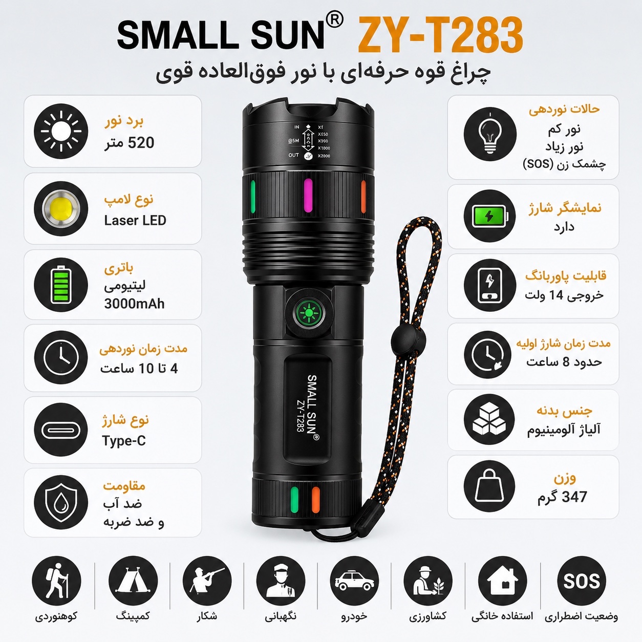 چراغ قوه حرفه ای زومدار SMALL SUN ZY-T283 شارژی برد 520 متر پاوربانک ضدآب