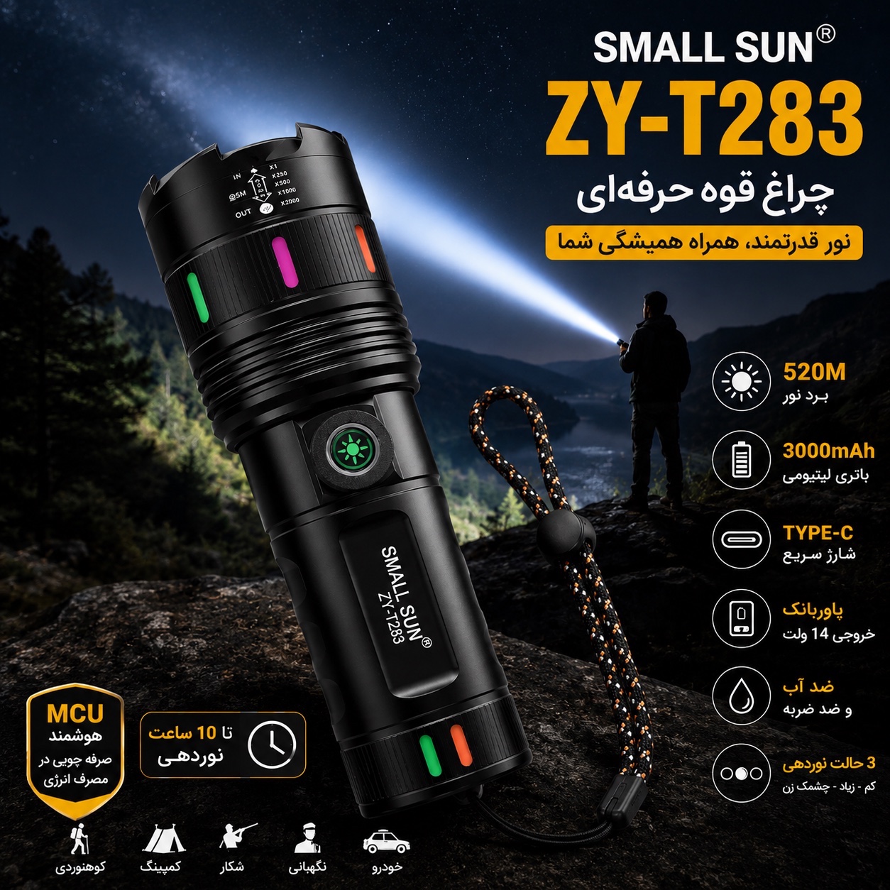 چراغ قوه حرفه ای زومدار SMALL SUN ZY-T283 شارژی برد 520 متر پاوربانک ضدآب