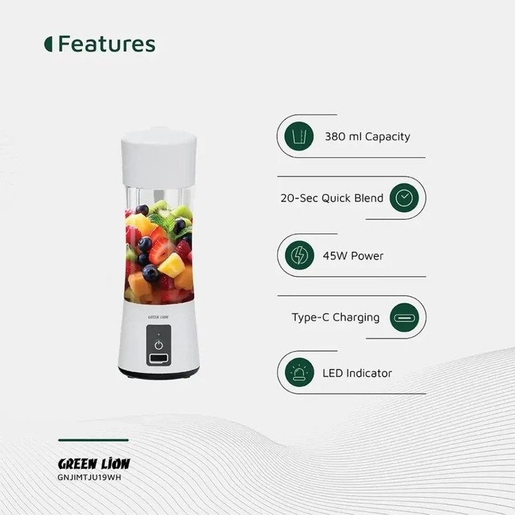 شیکر مخلوطکن شارژی گرین لاین Juice Mate موتور 45 وات، 18000 دور، ظرفیت 380 میلیلیتر، شارژ Type-C