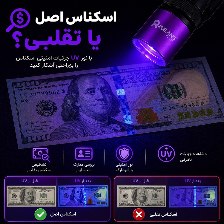 چراغ قوه حرفه ای UV 365nm تشخیص رنگ خودرو،نشتی،اسکناس،عقرب،مواد فلورسنت