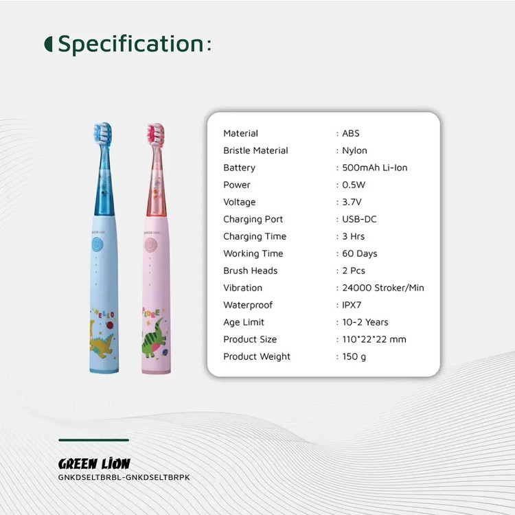 مسواک برقی کودک گرین لاین Green Lion شارژی، ضدآب IPX7، تایمر هوشمند، 2 سری، مناسب 2 تا 10 سال