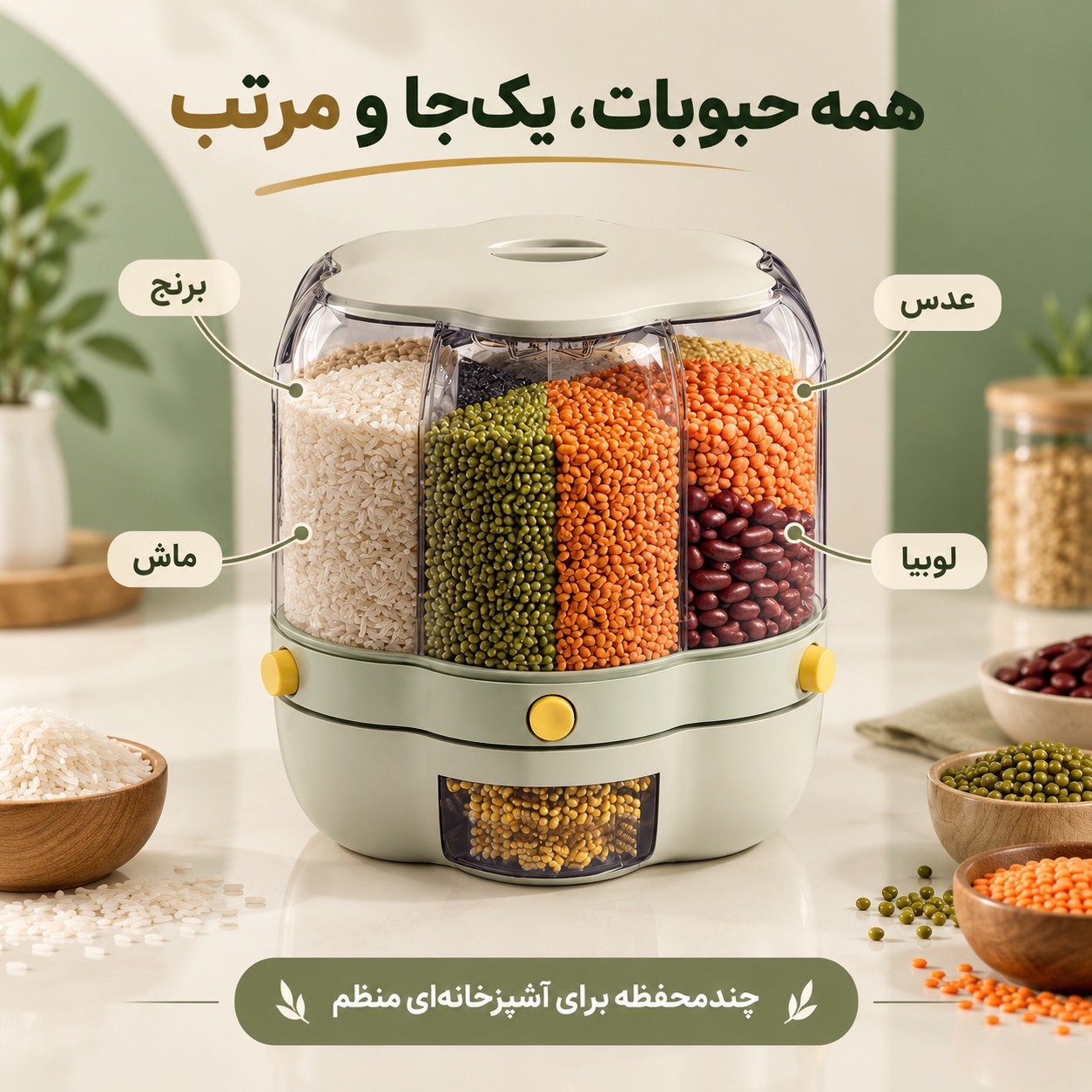 بانکه چرخشی جا حبوباتی و جا برنجی 10 لیتری چندمحفظه، برداشت آسان و بهداشتی