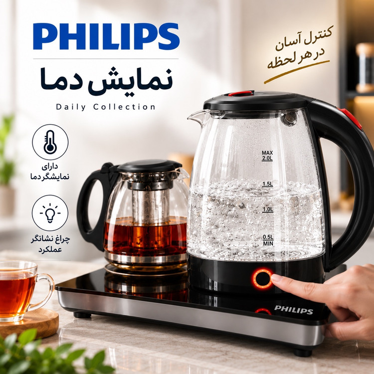 چایی ساز فیلیپس Daily Collection توان 2200 وات ظرفیت کتری 2 لیتری + قوری
