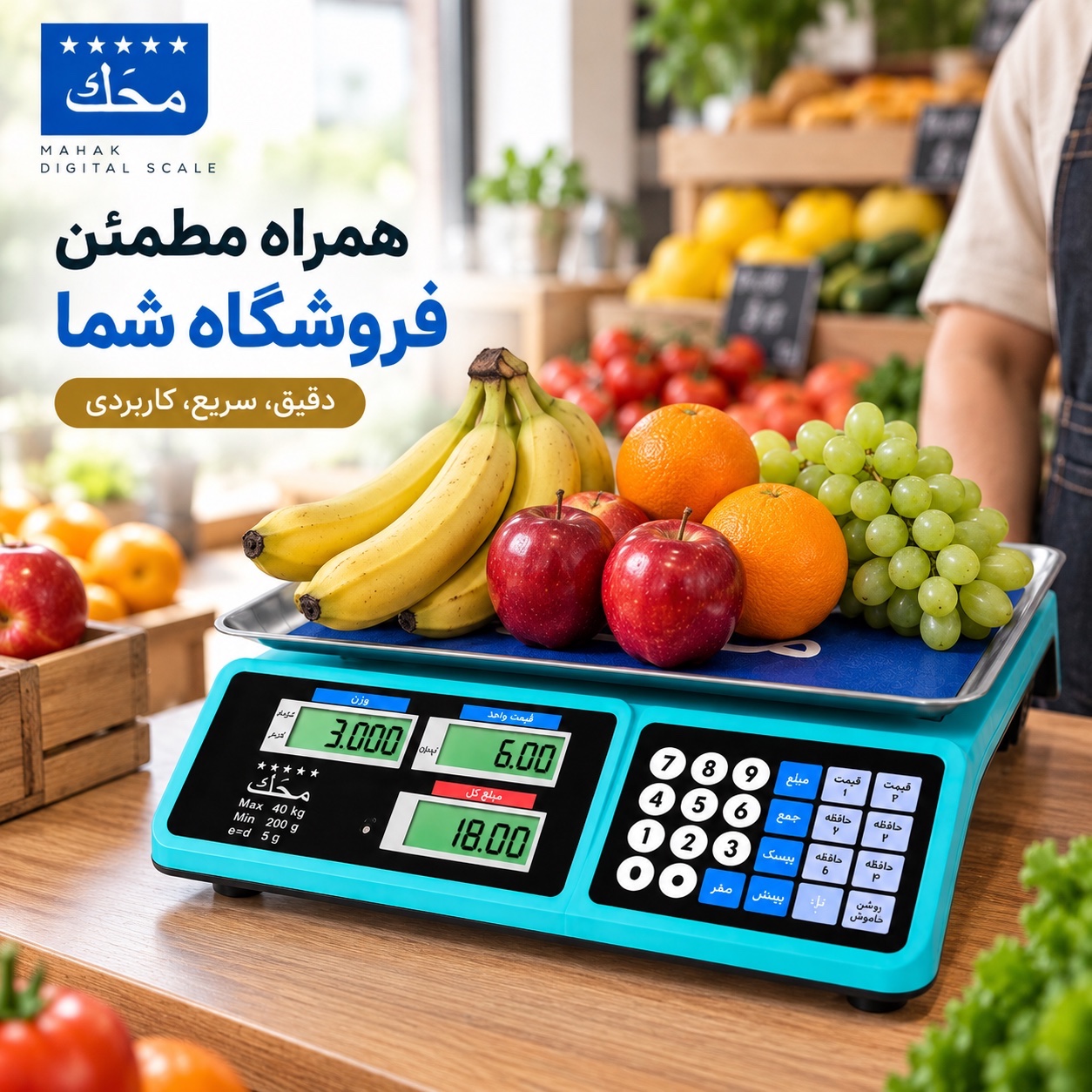 ترازوی فروشگاهی دیجیتال محک 40 کیلویی محاسبه قیمت، 7 حافظه و باتری شارژی