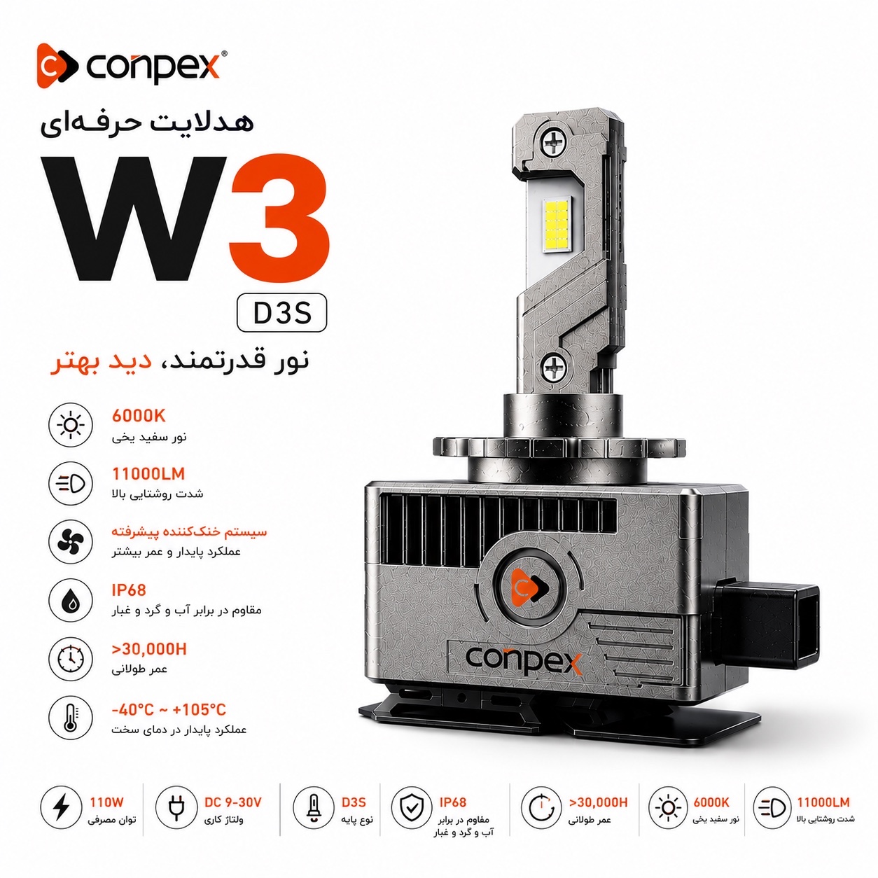 هدلایت کانپکس CONPEX W3 D3S نور سفید 6000K، توان 110W و 11000LM