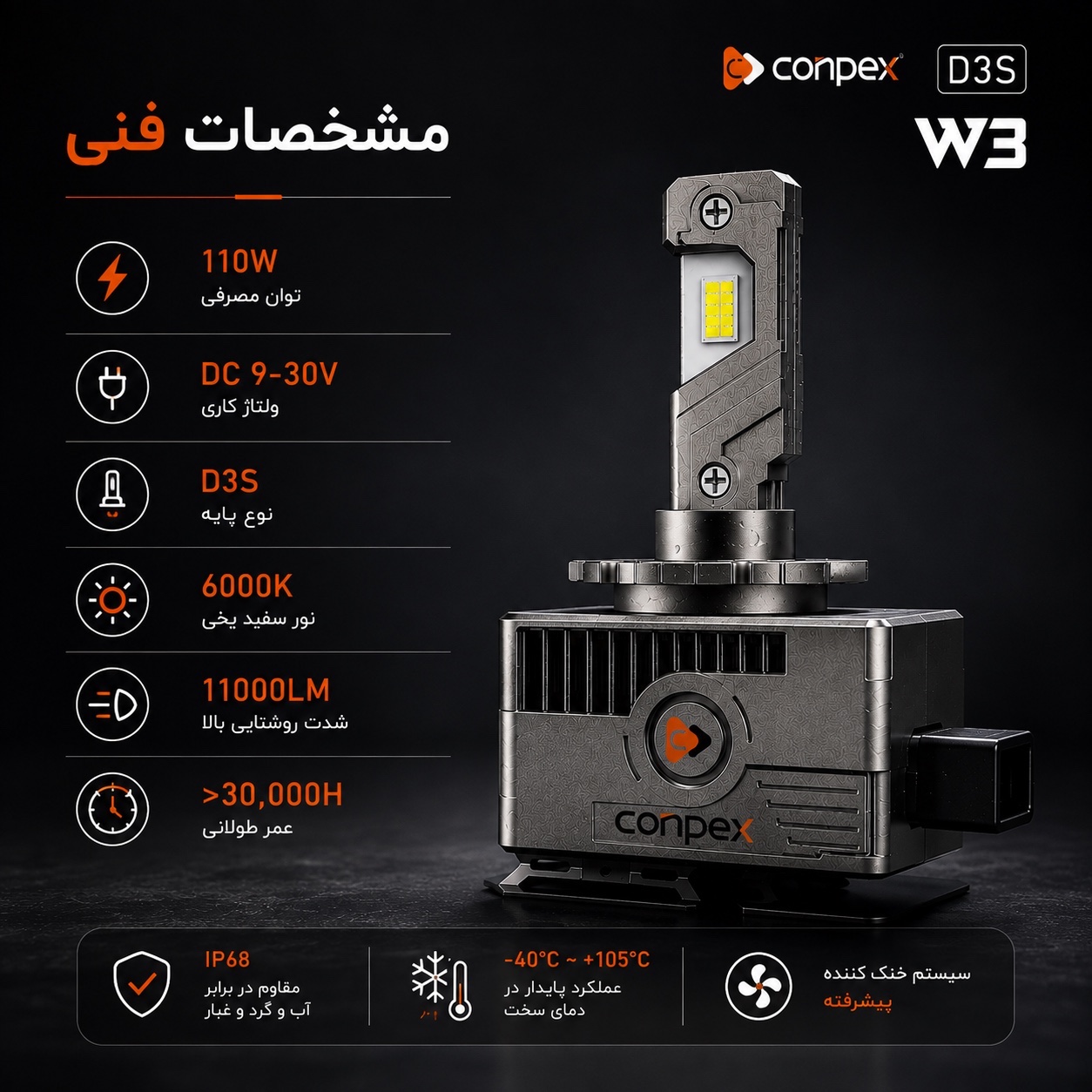 هدلایت کانپکس CONPEX W3 D3S نور سفید 6000K، توان 110W و 11000LM