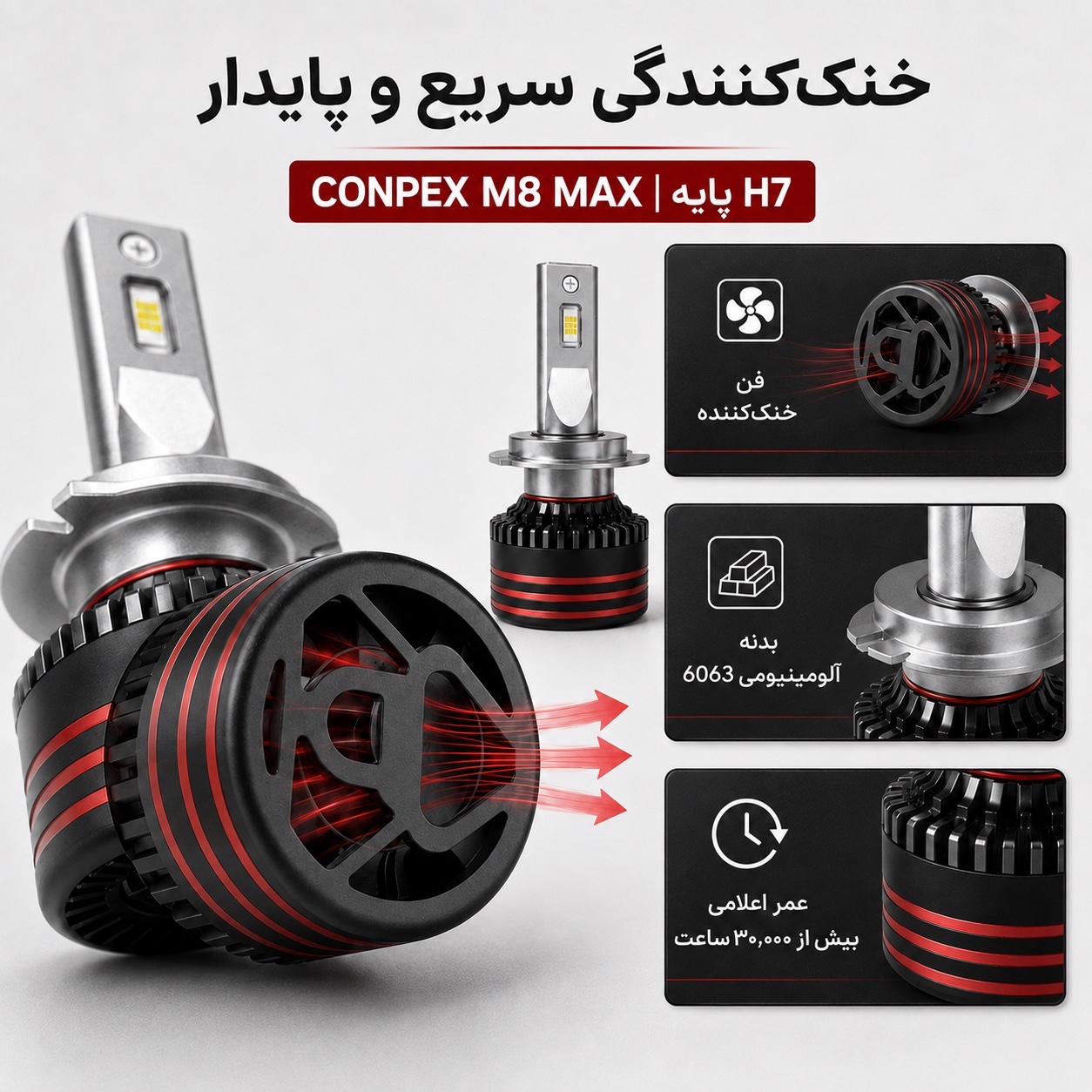 هدلایت کانپکس CONPEX M8 MAX پایه H7 بسته دو عدد توان 150 وات و نور سفید یخی 6000 کلوین