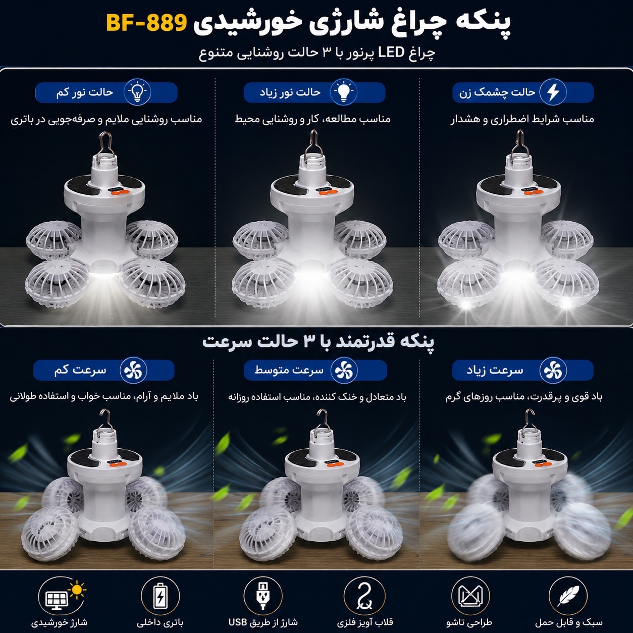 پنکه چراغ شارژی خورشیدی BF-889 LED آویزدار، شارژ USB، مناسب کمپینگ و قطعی برق