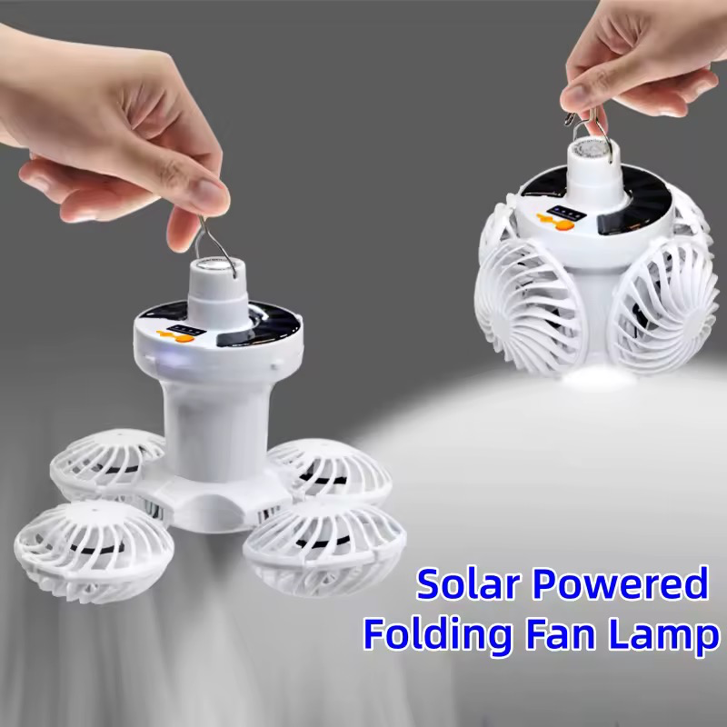پنکه چراغ شارژی خورشیدی BF-889 LED آویزدار، شارژ USB، مناسب کمپینگ و قطعی برق