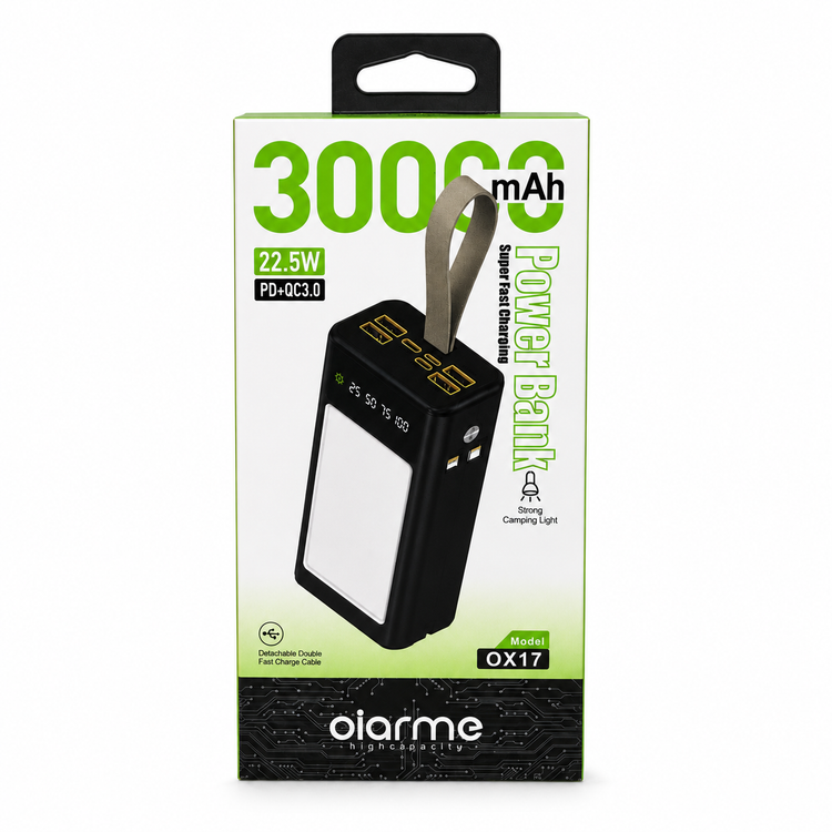 پاوربانک 30000 میلی آمپری Oiarme OX17 شارژ سریع 22.5 وات + چراغ کمپینگ LED