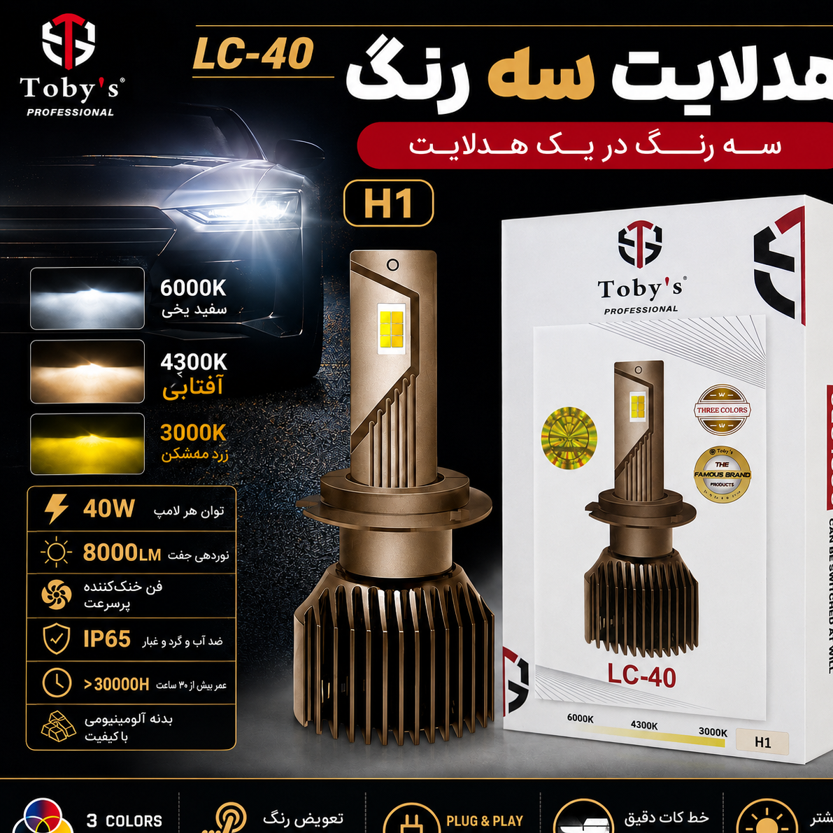 هدلایت سه رنگ توبیز LC-40 پایه H1 - سفید،آفتابی،لیمویی با یکسال گارانتی