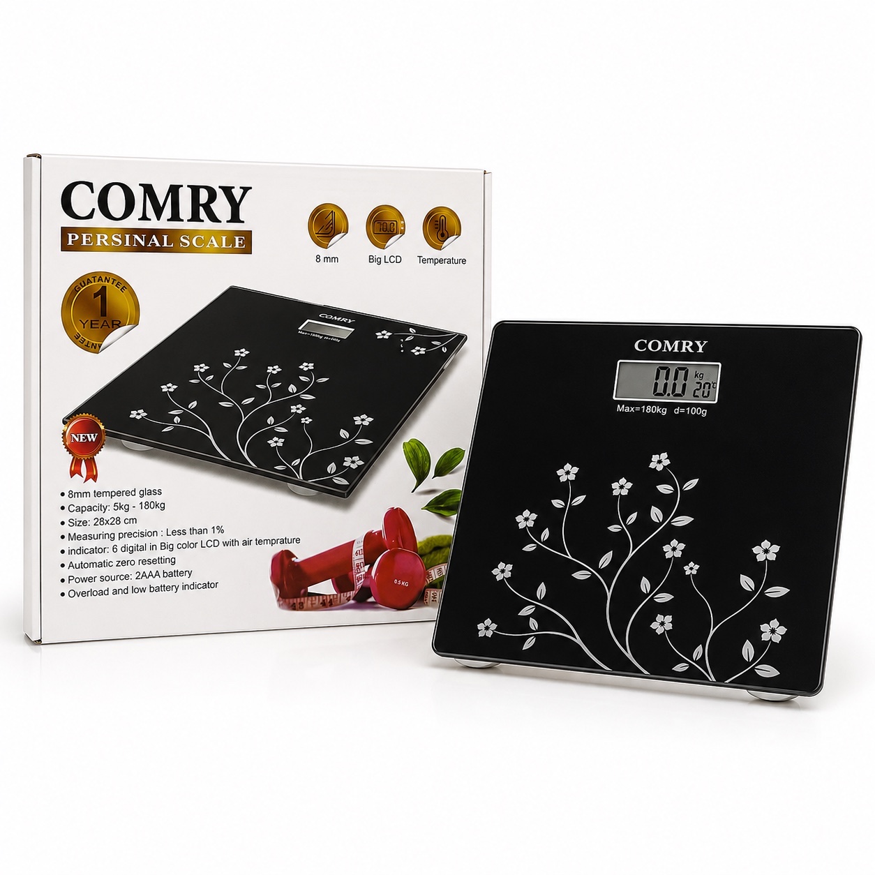 ترازو دیجیتال شیشه ای کمری (COMRY) - تحمل وزن 180 کیلو - نمایش دما - LCD بزرگ