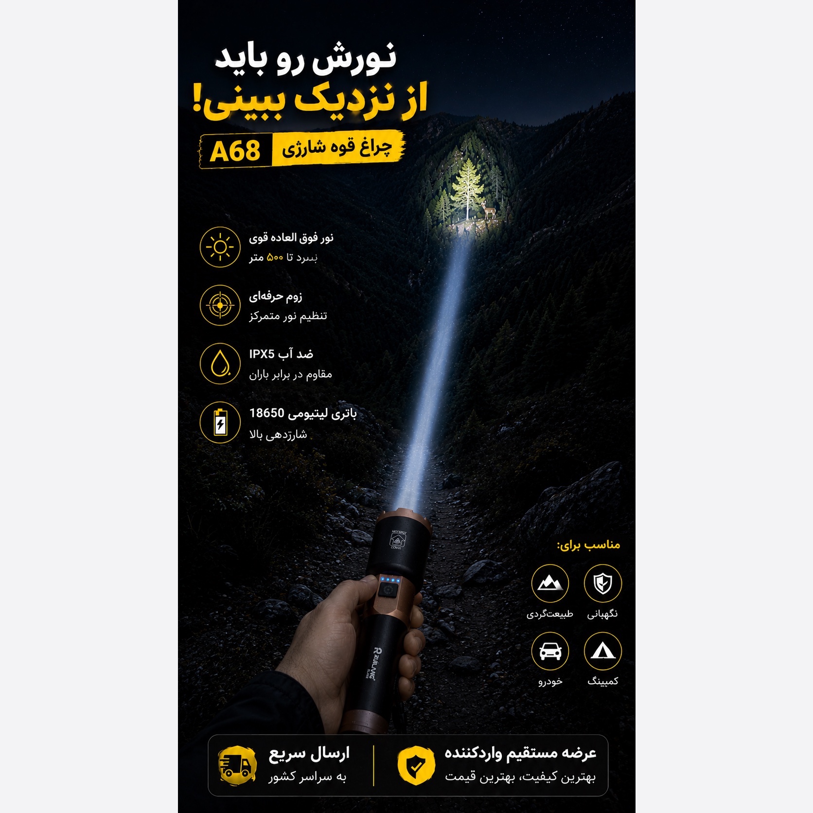 چراغ قوه زومدار رویلانگ A68 نور قوی باتری 18650 ضد آب برد بالا