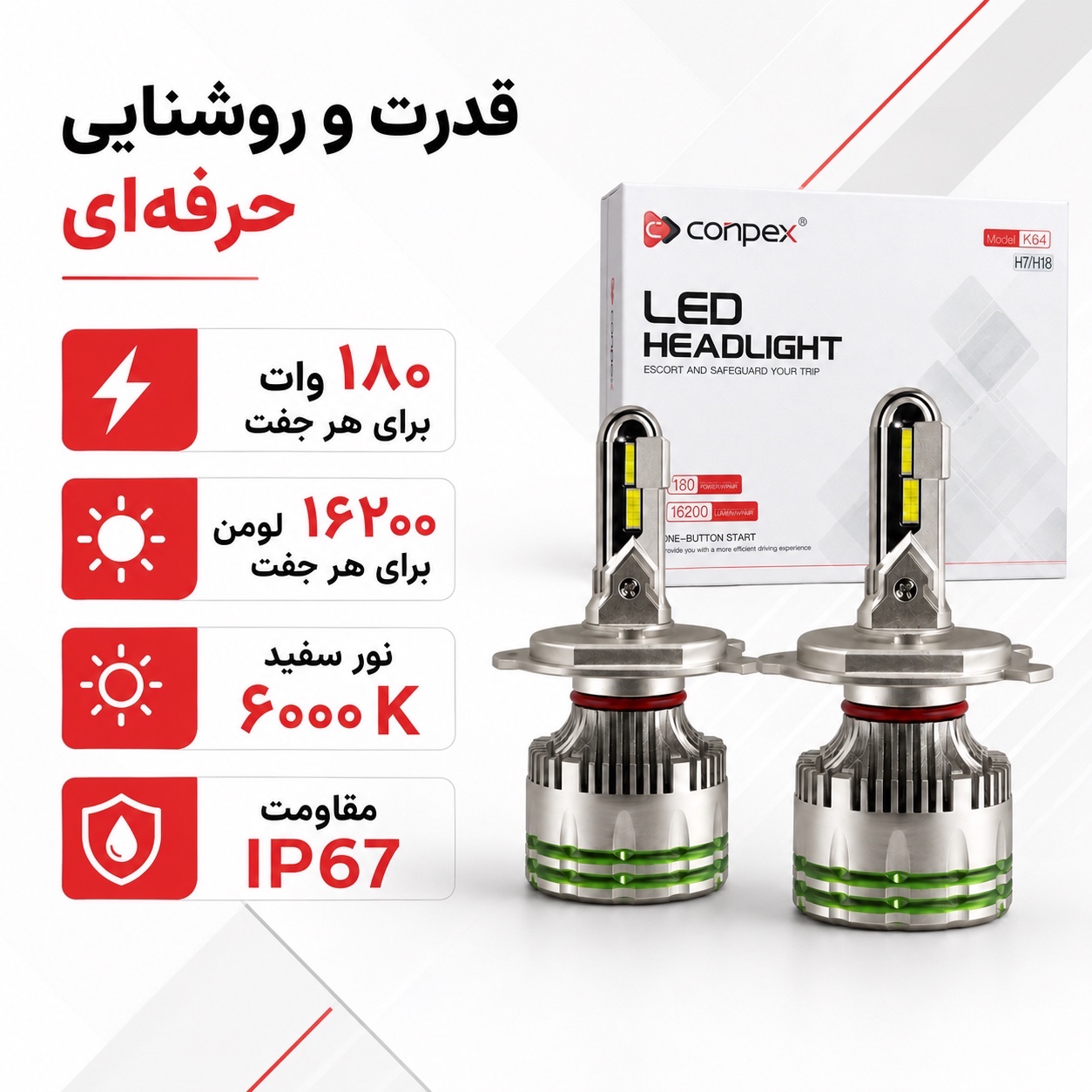 هدلایت پرقدرت کانپکس Conpex K64 پایه H7/H18 توان 180 وات و روشنایی 16200 لومن