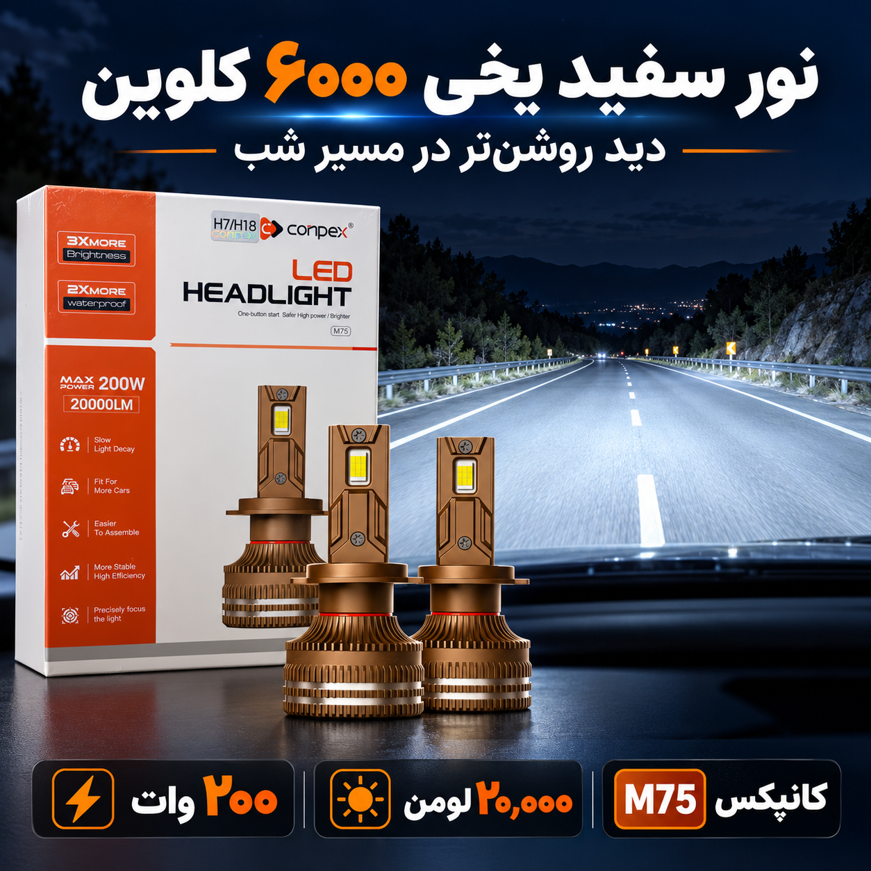 هدلایت کانپکس M75 توان 200 وات، 20000 لومن، 6000 کلوین تمامی پایه ها H4 ، H7 ، H1 ، H11 ، 9005