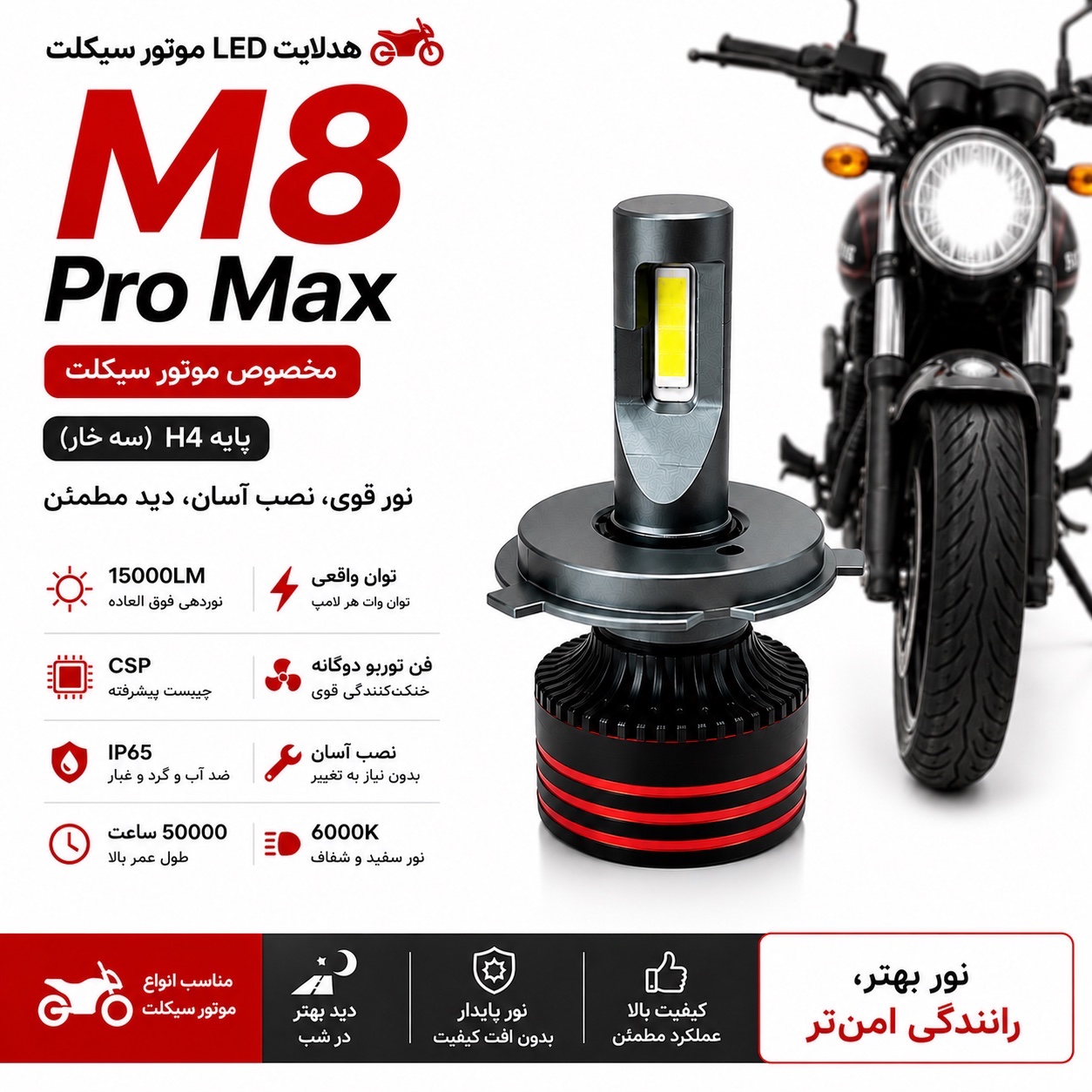 هدلایت موتور سیکلت M8 Pro نور سفید پایه H4 سه خار